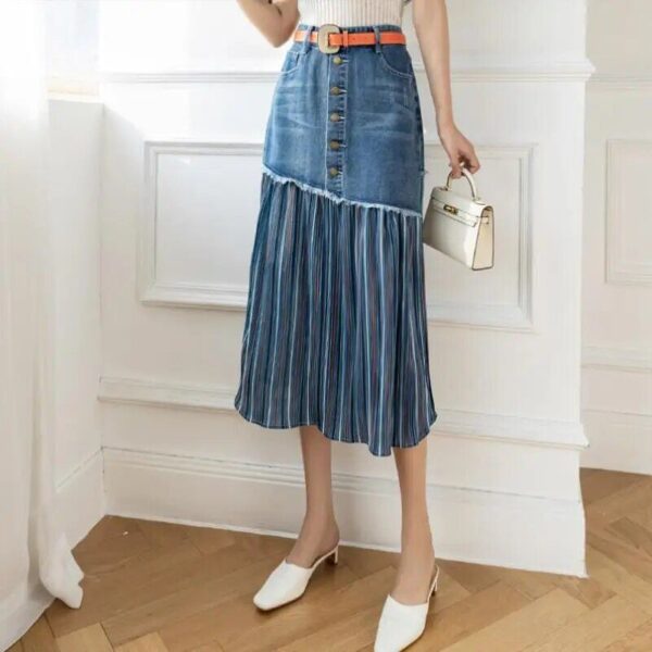 High-Waisted Patchwork Denim Skirt | Korean Style Pleated Jean Skirt S-5XL - Image 5