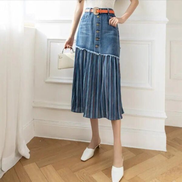 High-Waisted Patchwork Denim Skirt | Korean Style Pleated Jean Skirt S-5XL