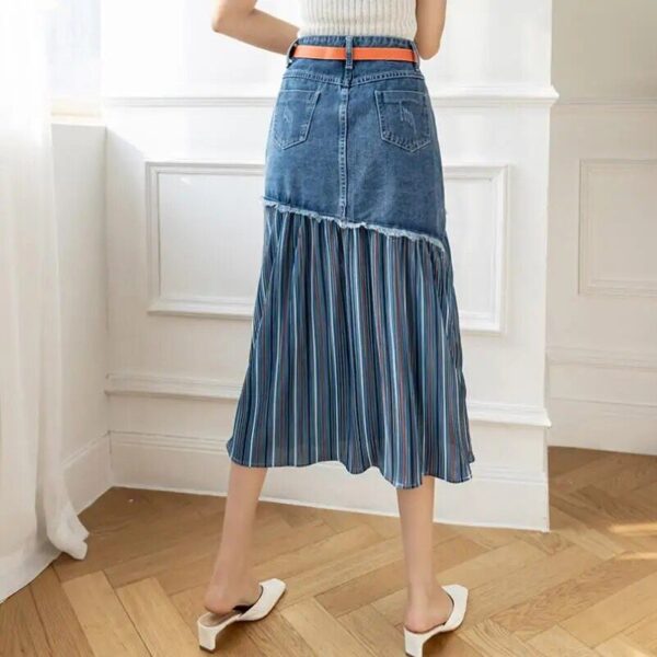 High-Waisted Patchwork Denim Skirt | Korean Style Pleated Jean Skirt S-5XL