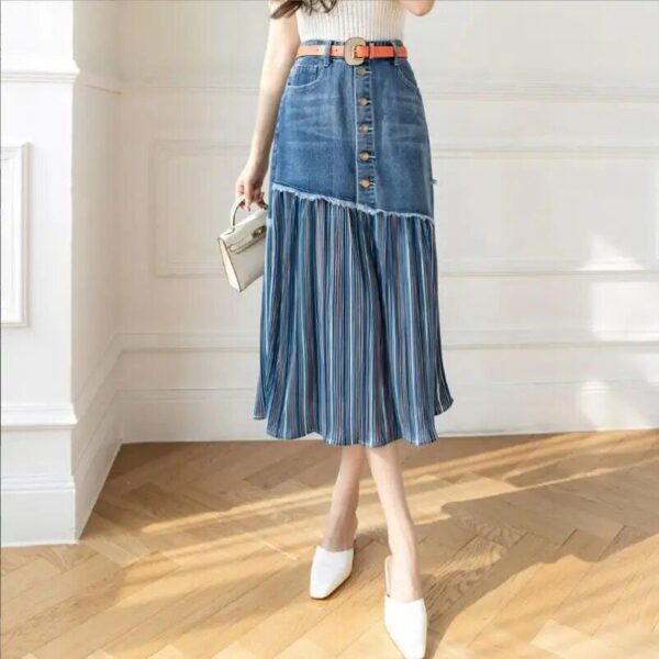 High-Waisted Patchwork Denim Skirt | Korean Style Pleated Jean Skirt S-5XL - Image 2