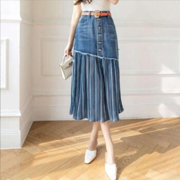 High-Waisted Patchwork Denim Skirt | Korean Style Pleated Jean Skirt S-5XL