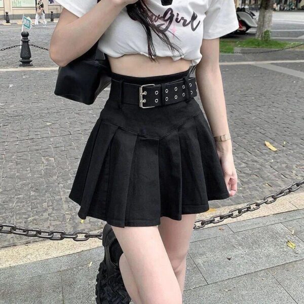 High Waist Pleated Mini Skirt – Y2K Aesthetic Streetwear with Belt