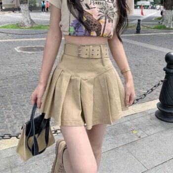 High Waist Pleated Mini Skirt – Y2K Aesthetic Streetwear with Belt