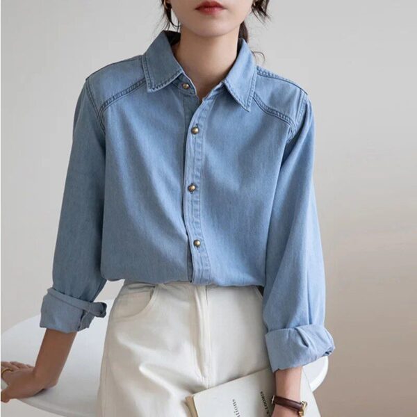 Chic Long Sleeve Denim Shirt – Women’s Casual Loose-Fit Blouse