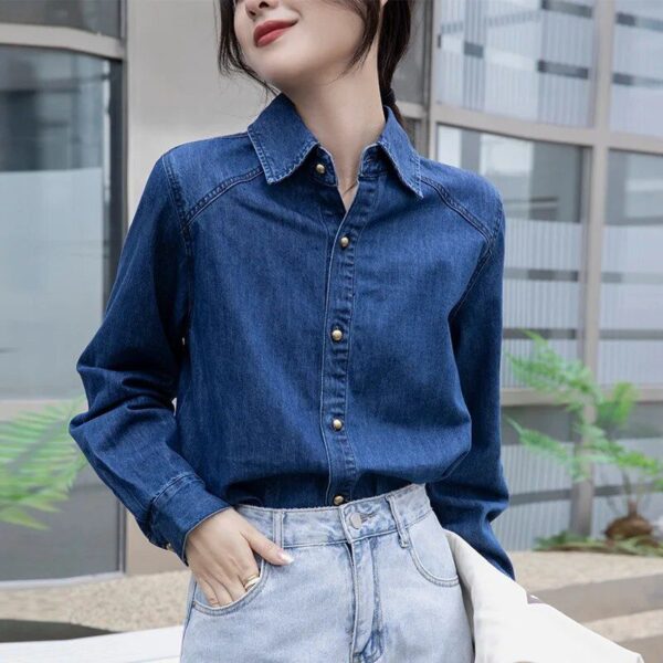 Chic Long Sleeve Denim Shirt - Women's Casual Loose-Fit Blouse - Image 4