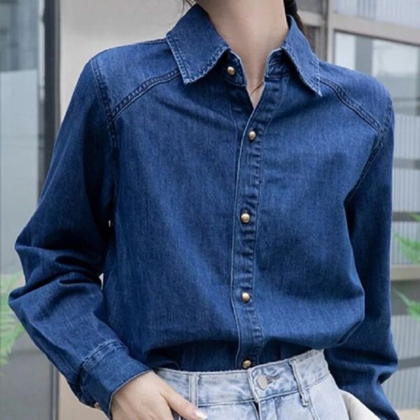 Chic Long Sleeve Denim Shirt – Women’s Casual Loose-Fit Blouse