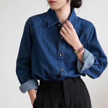 Chic Long Sleeve Denim Shirt – Women’s Casual Loose-Fit Blouse