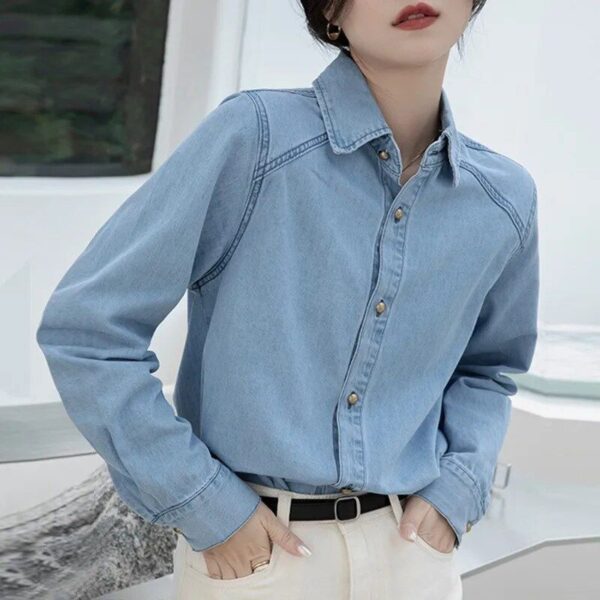 Chic Long Sleeve Denim Shirt – Women’s Casual Loose-Fit Blouse