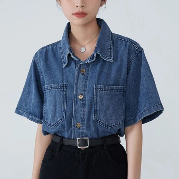 Summer Denim Blouse for Women: Casual Short Sleeve Button-Up Shirt