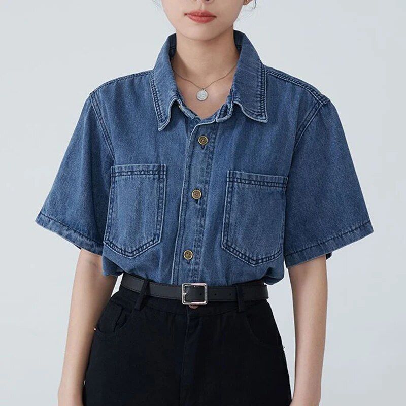 Summer Denim Blouse for Women: Casual Short Sleeve Button-Up Shirt