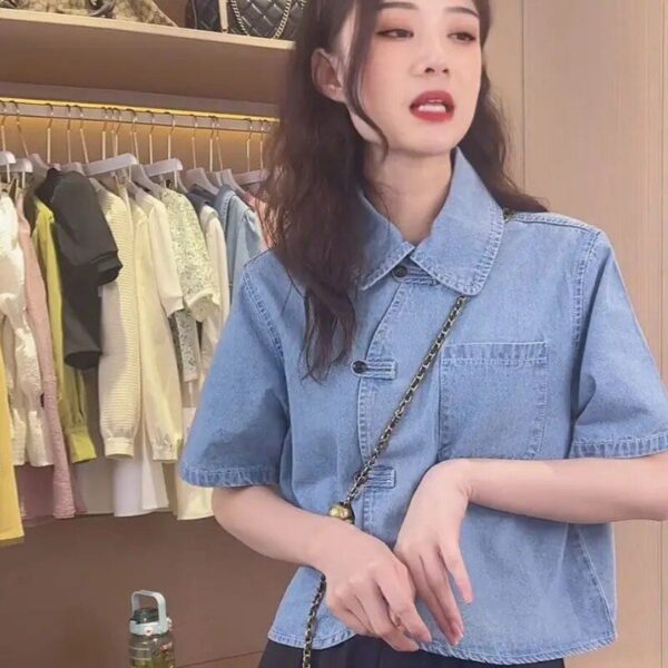 Summer Chic Denim Crop Shirt – Women’s Asymmetrical Thin Denim Top