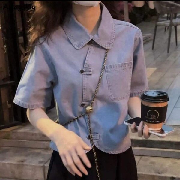 Summer Chic Denim Crop Shirt - Women's Asymmetrical Thin Denim Top