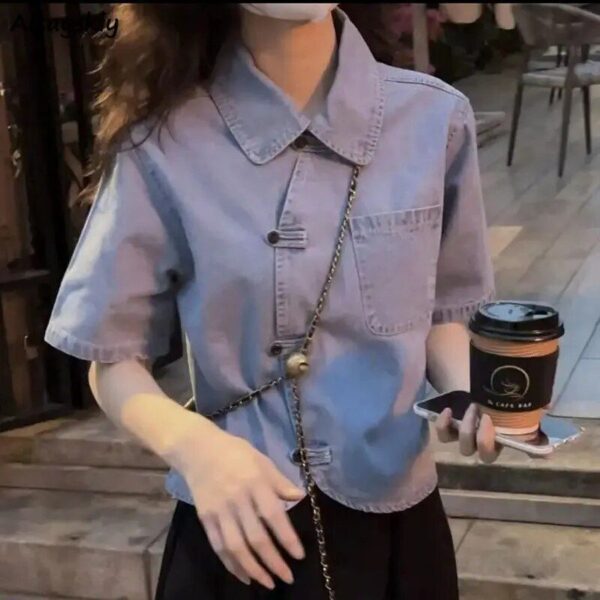 Summer Chic Denim Crop Shirt - Women's Asymmetrical Thin Denim Top - Image 2