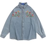 Floral Embroidered Harajuku Denim Jacket - Vintage Y2K Loose Fit Jean Coat