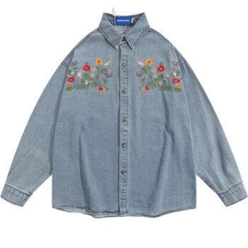 Floral Embroidered Harajuku Denim Jacket – Vintage Y2K Loose Fit Jean Coat