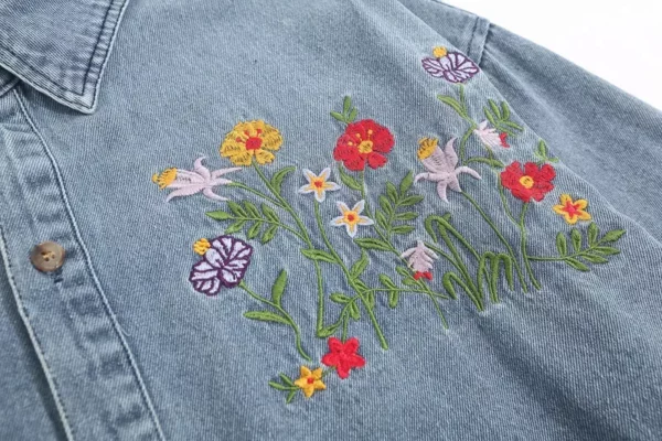 Floral Embroidered Harajuku Denim Jacket – Vintage Y2K Loose Fit Jean Coat