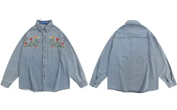 Floral Embroidered Harajuku Denim Jacket - Vintage Y2K Loose Fit Jean Coat - Image 2