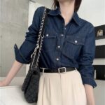 Chic Dark Blue Denim Shirt for Women - Spring Full Sleeve Loose Retro Jacket