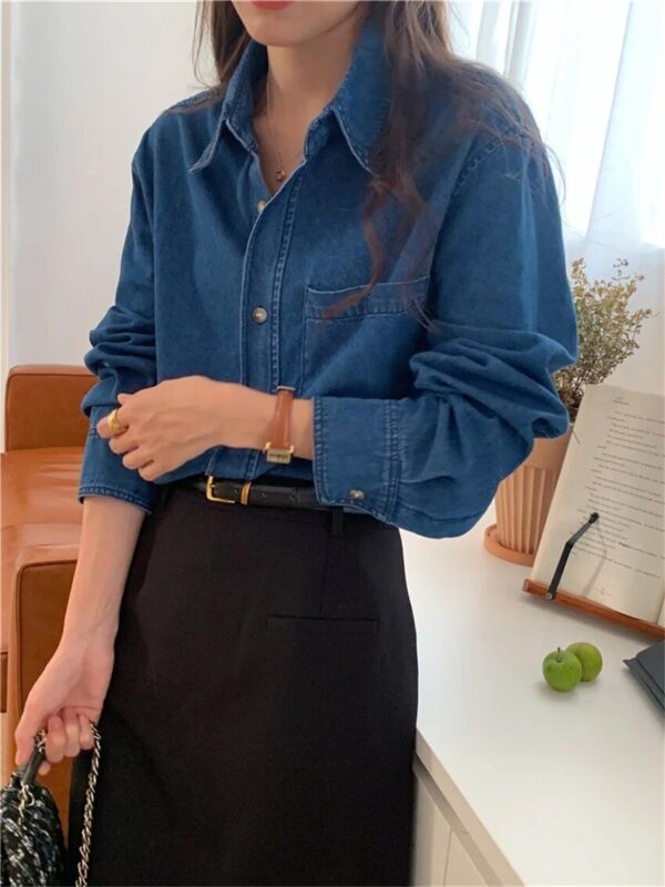 Chic Denim Blouse for Women - Casual Full Sleeve Loose Fit - Image 3