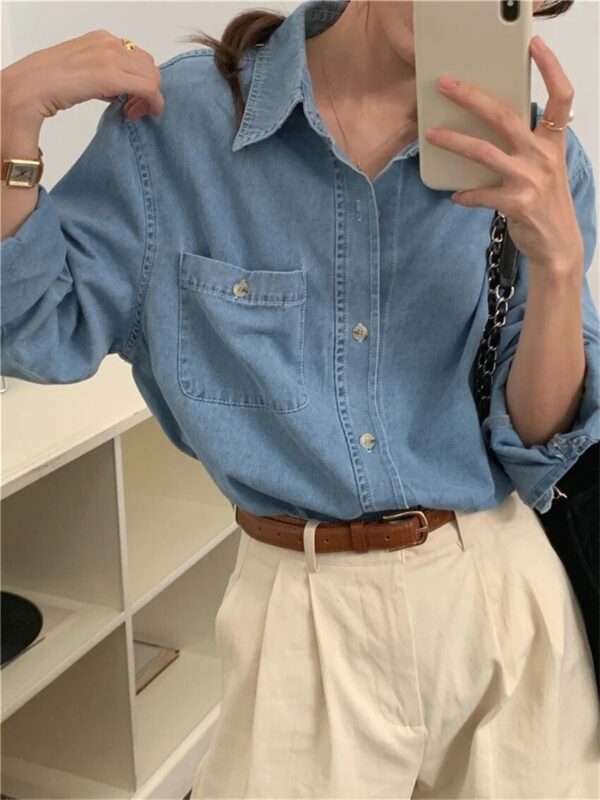 Chic Denim Blouse for Women - Casual Full Sleeve Loose Fit - Image 7