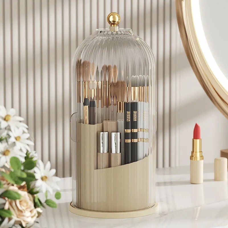 Luxury Rotating Makeup Organizer with Lid – Compact Cosmetic Storage for Brushes & Lipsticks