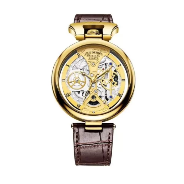 Elegant Casual Leather Skeleton Quartz Wrist Watch with Stainless Steel Case