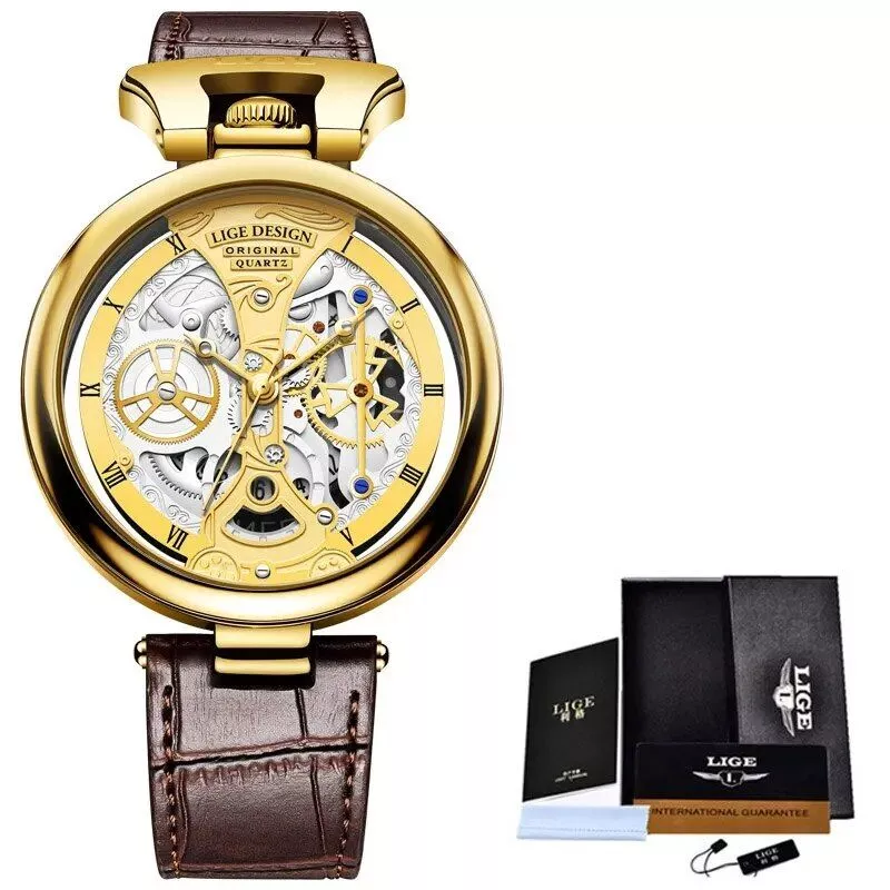 Elegant Casual Leather Skeleton Quartz Wrist Watch with Stainless Steel Case