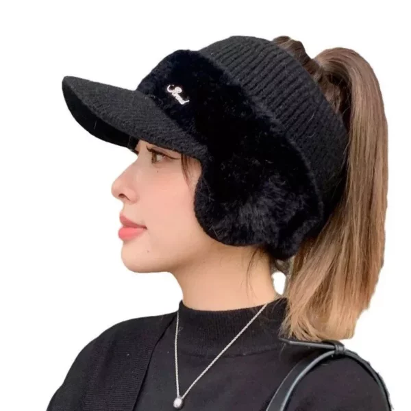 Trendy Winter Warm Knitted Hat with Visor and Ponytail Opening - Image 7