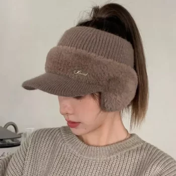 Trendy Winter Warm Knitted Hat with Visor and Ponytail Opening