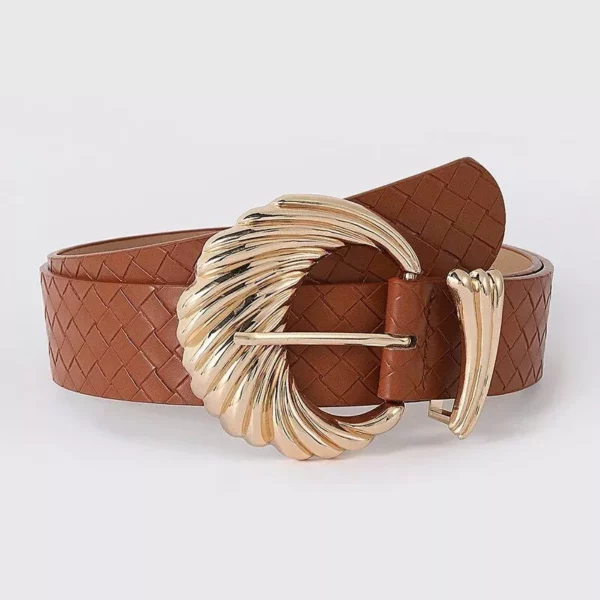 Gold Shell Buckle Braided Leather Belt for Women