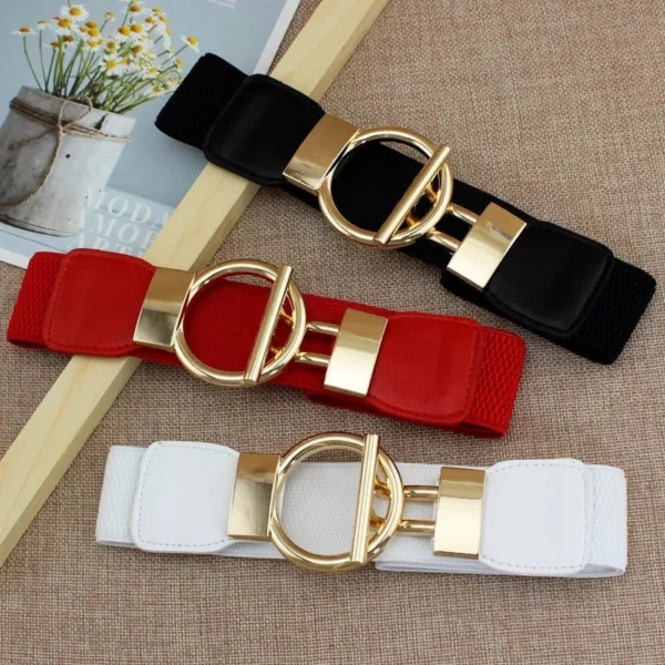 Elegant Elastic Fashion Belt for Women with Round Metal Buckle