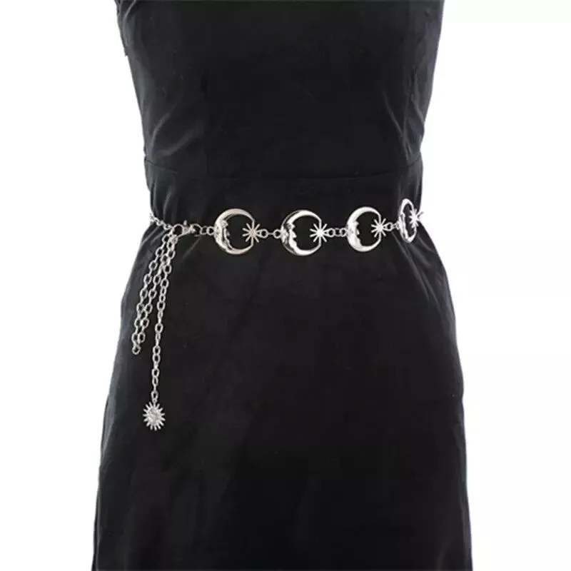 Elegant Gothic Moon Silver Pendant High Waist Metal Chain Belt for Women