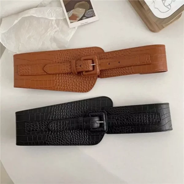 Elegant French Crocodile-Pattern Wide Belt for Women