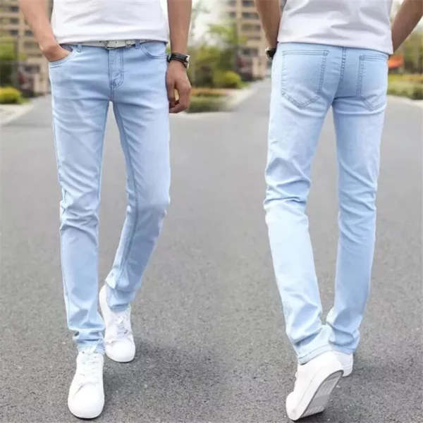 Men's Stretch Slim Fit Denim Jeans - Casual Light Blue Pants - Image 2