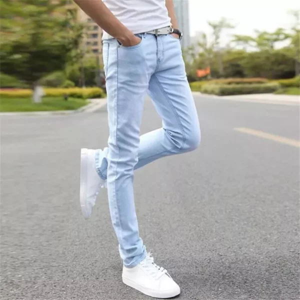 Men's Stretch Slim Fit Denim Jeans - Casual Light Blue Pants - Image 3