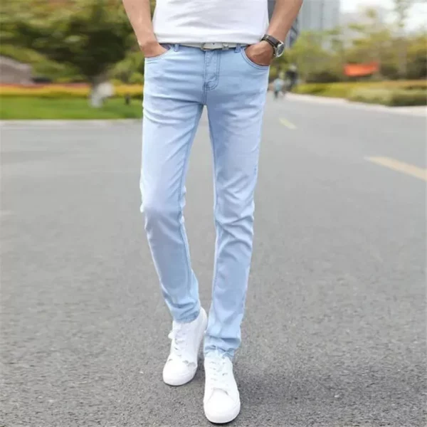 Men's Stretch Slim Fit Denim Jeans - Casual Light Blue Pants - Image 4