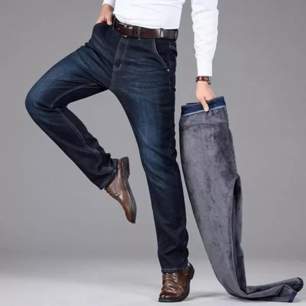 Winter Warm Stretch Cotton Denim Jeans – Men’s Smart Casual Fleece Lined Trousers