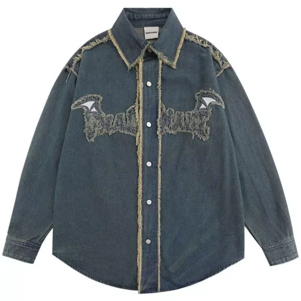Mens Long Sleeve Embroidered Jeans Shirt