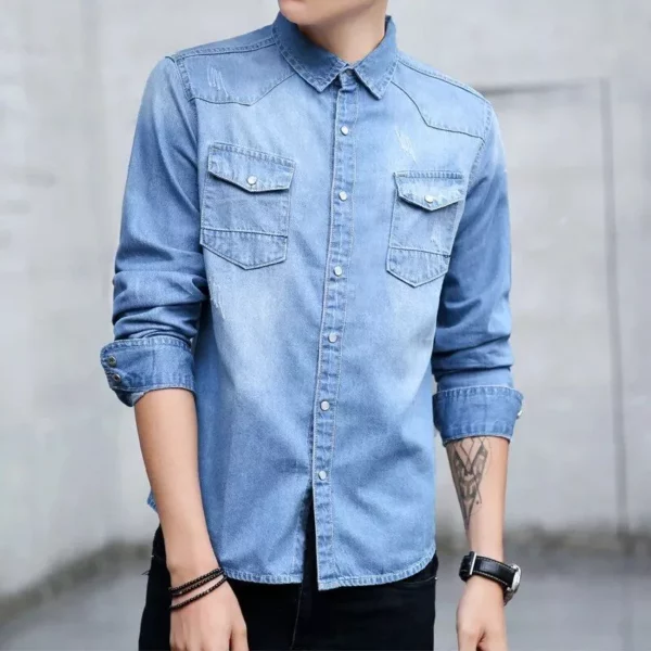 Korean Slim Fit Denim Shirt – Men’s Stylish Long Sleeve Casual Coat