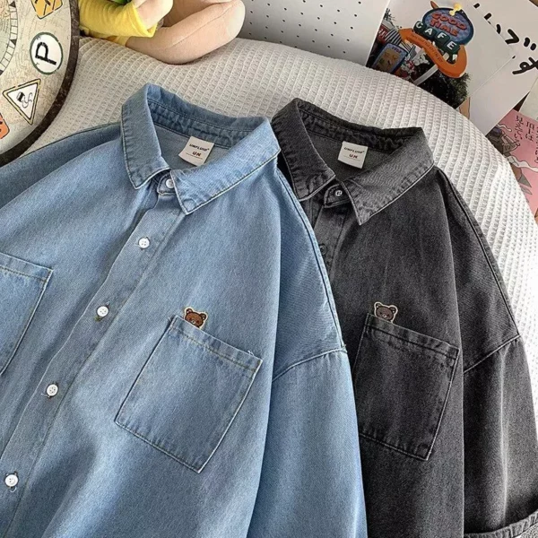 Bear Embroidered Denim Short Sleeve Shirt – Men’s Summer Fashion