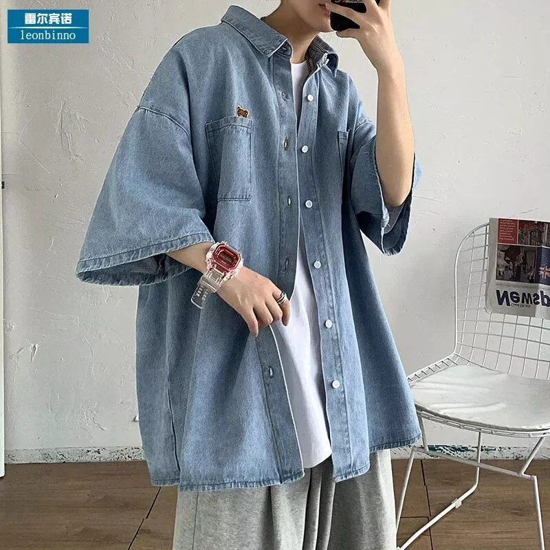 Bear Embroidered Denim Short Sleeve Shirt – Men’s Summer Fashion