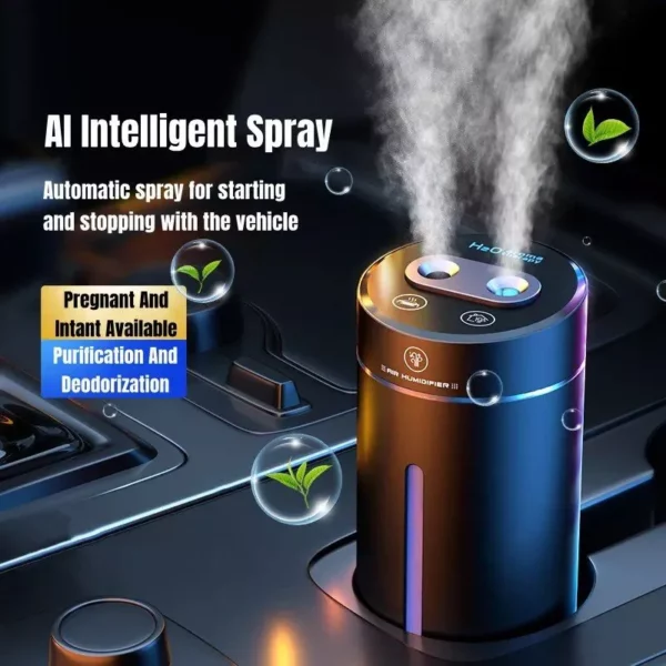 Compact 380ML Double Spray USB Car Air Humidifier and Essential Oil Diffuser with Colorful Mood Lighting