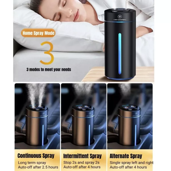 Compact 380ML Double Spray USB Car Air Humidifier and Essential Oil Diffuser with Colorful Mood Lighting