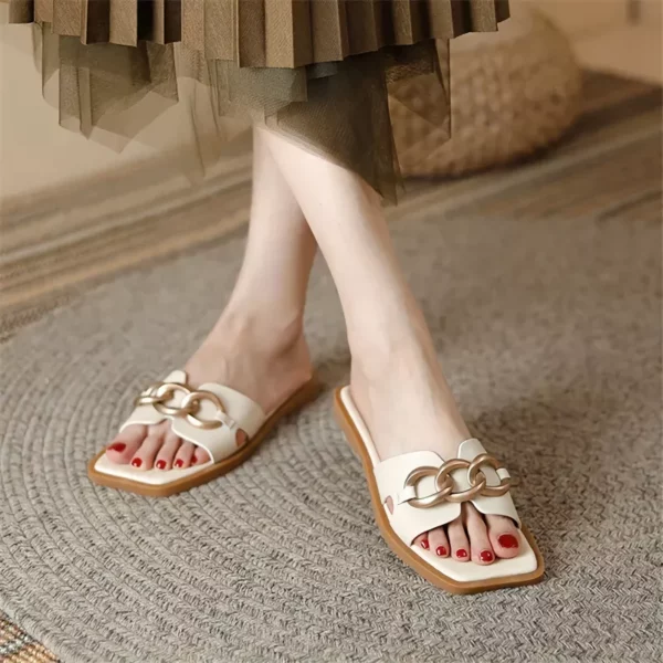 Summer Square Toe Leather Slippers