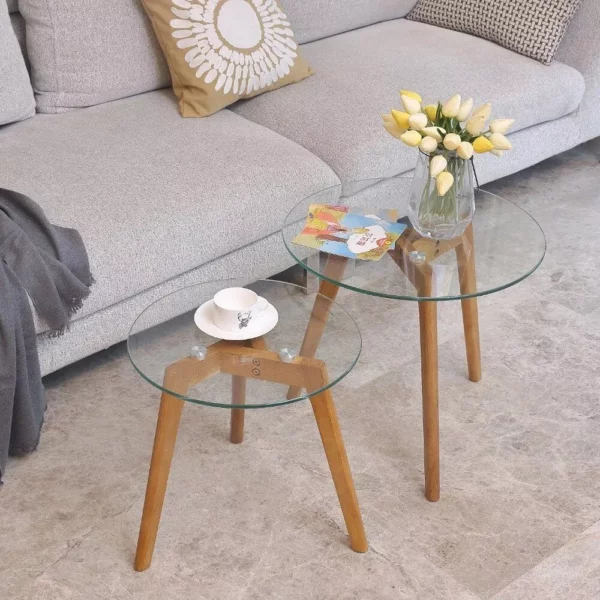 Modern Tempered Glass & Wood Nesting Coffee Tables – Set of 2