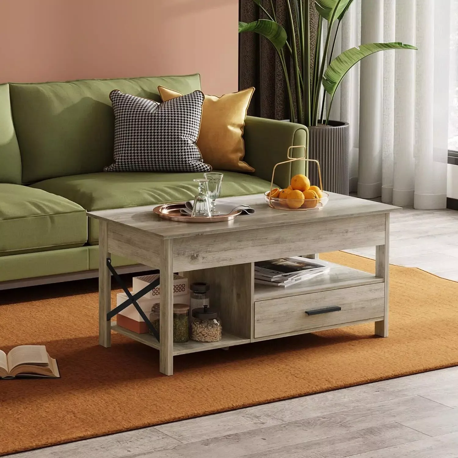 Modern Minimalist Lift Top Coffee Table with Hidden Storage and Metal Frame