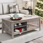 Rustic Gray Wood Coffee Table with Sliding Door and Adjustable Shelf