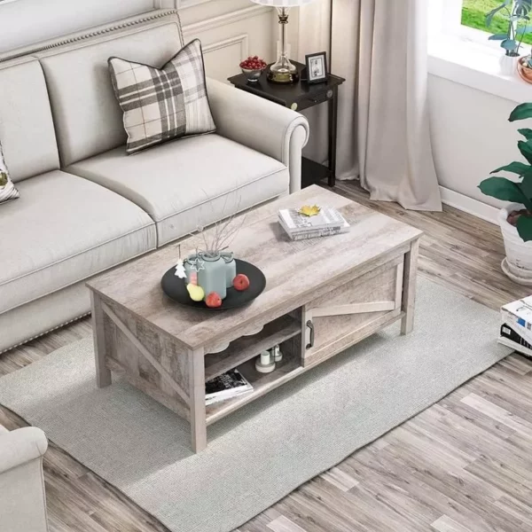 Rustic Gray Wood Coffee Table with Sliding Door and Adjustable Shelf
