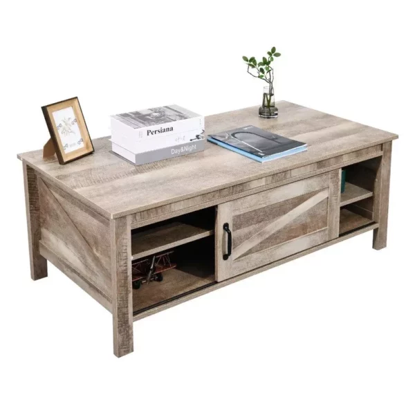 Rustic Gray Wood Coffee Table with Sliding Door and Adjustable Shelf