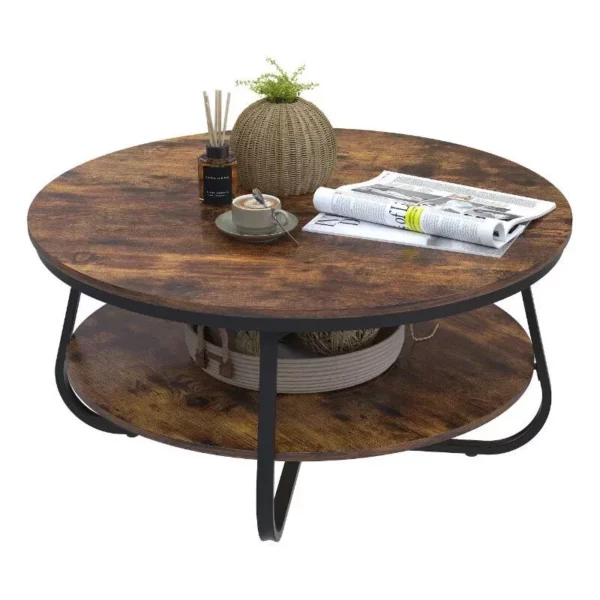 38.5″ Rustic Round Coffee Table with Open Storage and Sturdy Metal Legs